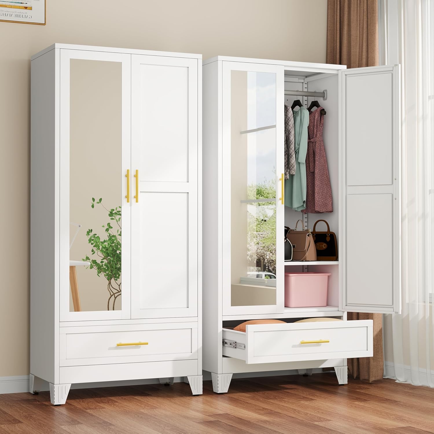 Metal Armoire Wardrobe Closet with 2 Drawers, 71" Wardrobe Cabinet with Adjustable Shelves and Hanging Rod, Clothing Storage Cabinet Closet with Mirror for Bedroom-White
