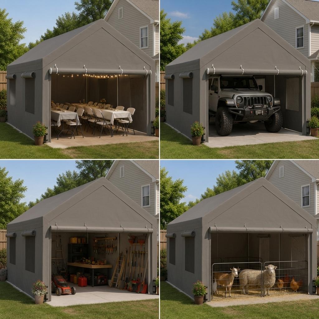 Walsunny Carport 12x20ft Outdoor Car Canopy Portable Garage, Heavy Duty Shed Tent Gazebo Port with Roll-up Ventilated Windows & Removable Sidewalls Shelter Storage Vehicle Party Moisture Prevention for Camp, Farm, Tool, Grey, Khaki, White,Durable Pvc