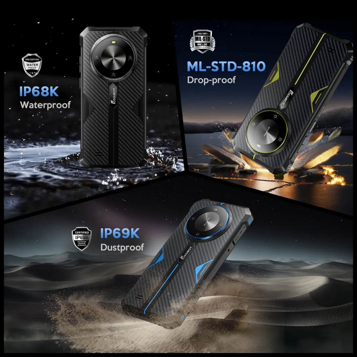 Teléfono ultrarresistente FOSSIBOT F105, 10300 mAh, IP68, Android 14