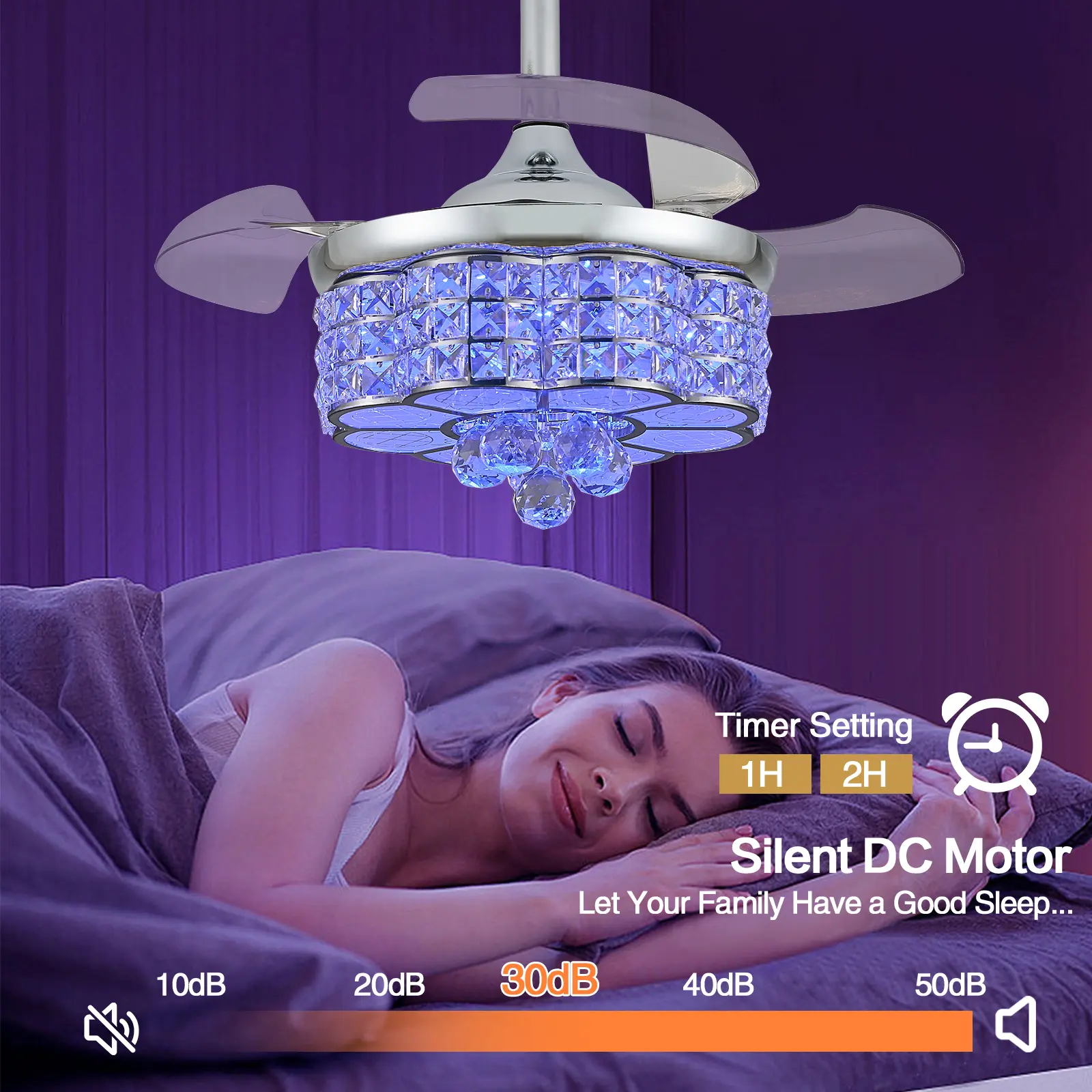Ventilador de techo retráctil Zynfandor de 30 pulgadas con luz LED regulable estilo lámpara de araña, acabado plateado y cristales RGB; incluye control remoto y por aplicación, temporizador, 6 velocidades y función de memoria; ideal para dormitorio y sala