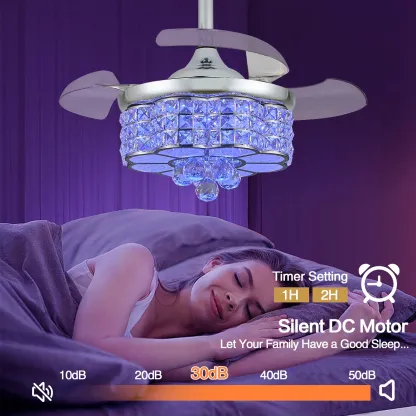 Ventilador de techo retráctil Zynfandor de 30 pulgadas con luz LED regulable estilo lámpara de araña, acabado plateado y cristales RGB; incluye control remoto y por aplicación, temporizador, 6 velocidades y función de memoria; ideal para dormitorio y sala