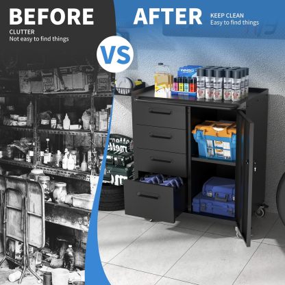 BIZOEIRON - clóset de almacenamiento de metal con ruedas, clóset de cochera con 1 puerta y 4 cajones, almacenamiento de herramientas rodantes, requiere montaje, color negro