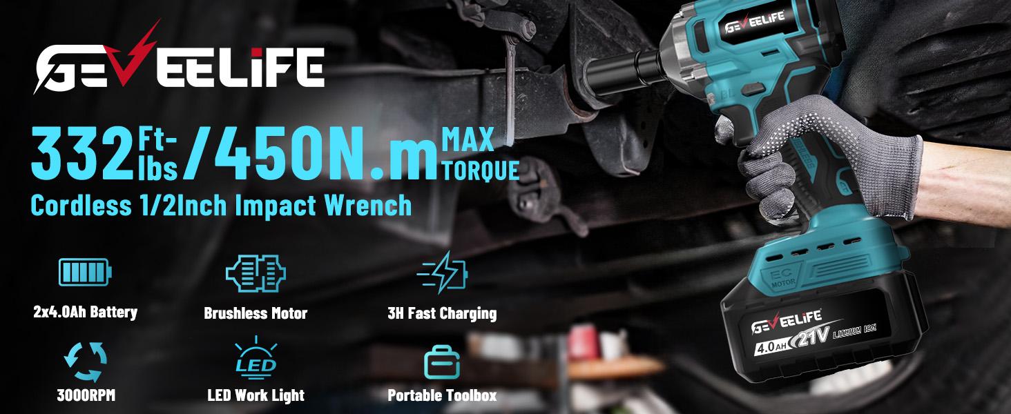 3-In-1 High Torque Impact Gun,450N.m/332Ft-lbs Brushless Cordless Impact Wrench,1/2" Cordless Impact Gun with 4.0Ah Battery & 4 Sockets, Electric Impact Driver for Car/DIY Furniture/Automotive，