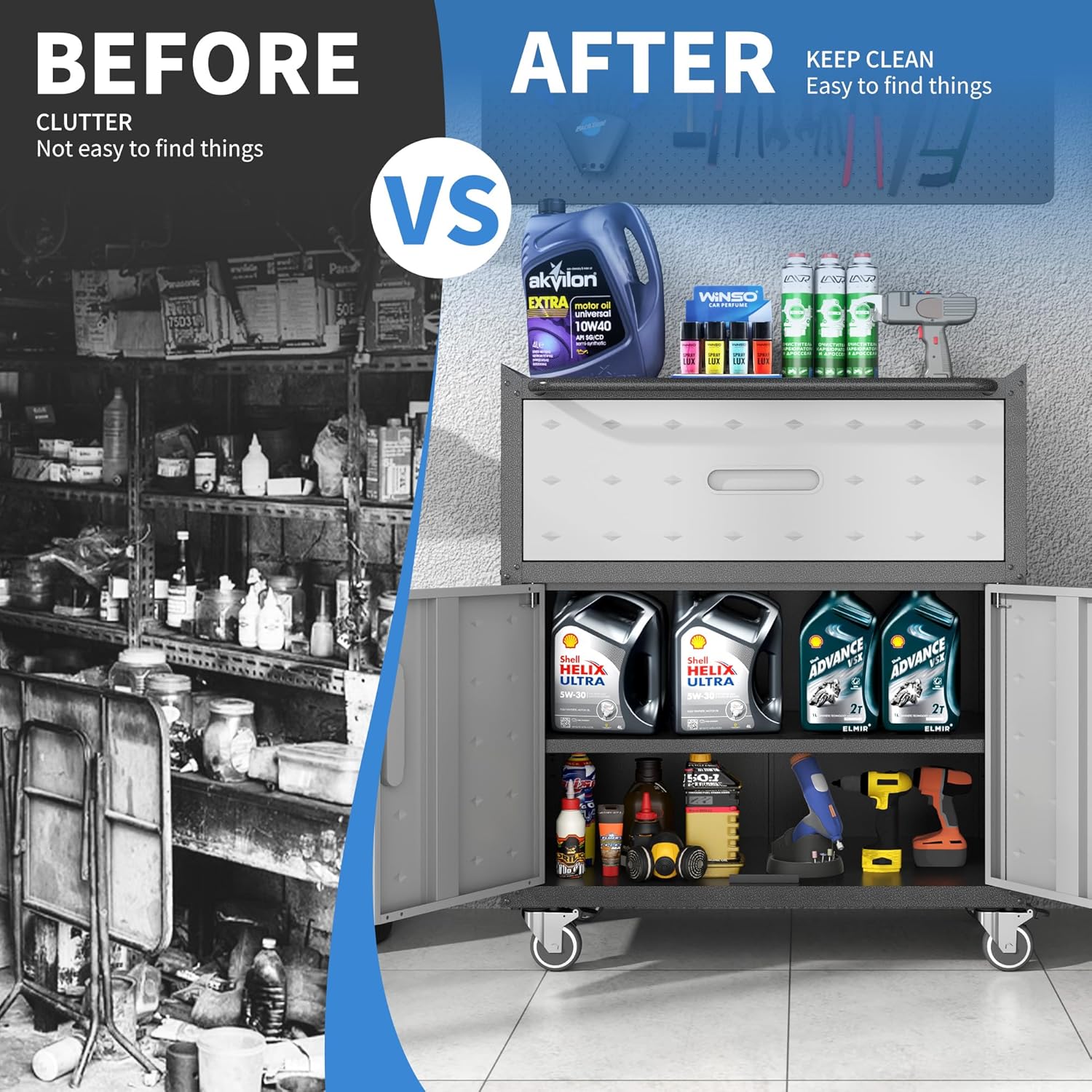 BIZOEIRON - clóset de almacenamiento de metal con ruedas, clóset de cochera con 1 puerta y 4 cajones, almacenamiento de herramientas rodantes, requiere montaje, color negro