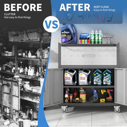 BIZOEIRON - clóset de almacenamiento de metal con ruedas, clóset de cochera con 1 puerta y 4 cajones, almacenamiento de herramientas rodantes, requiere montaje, color negro