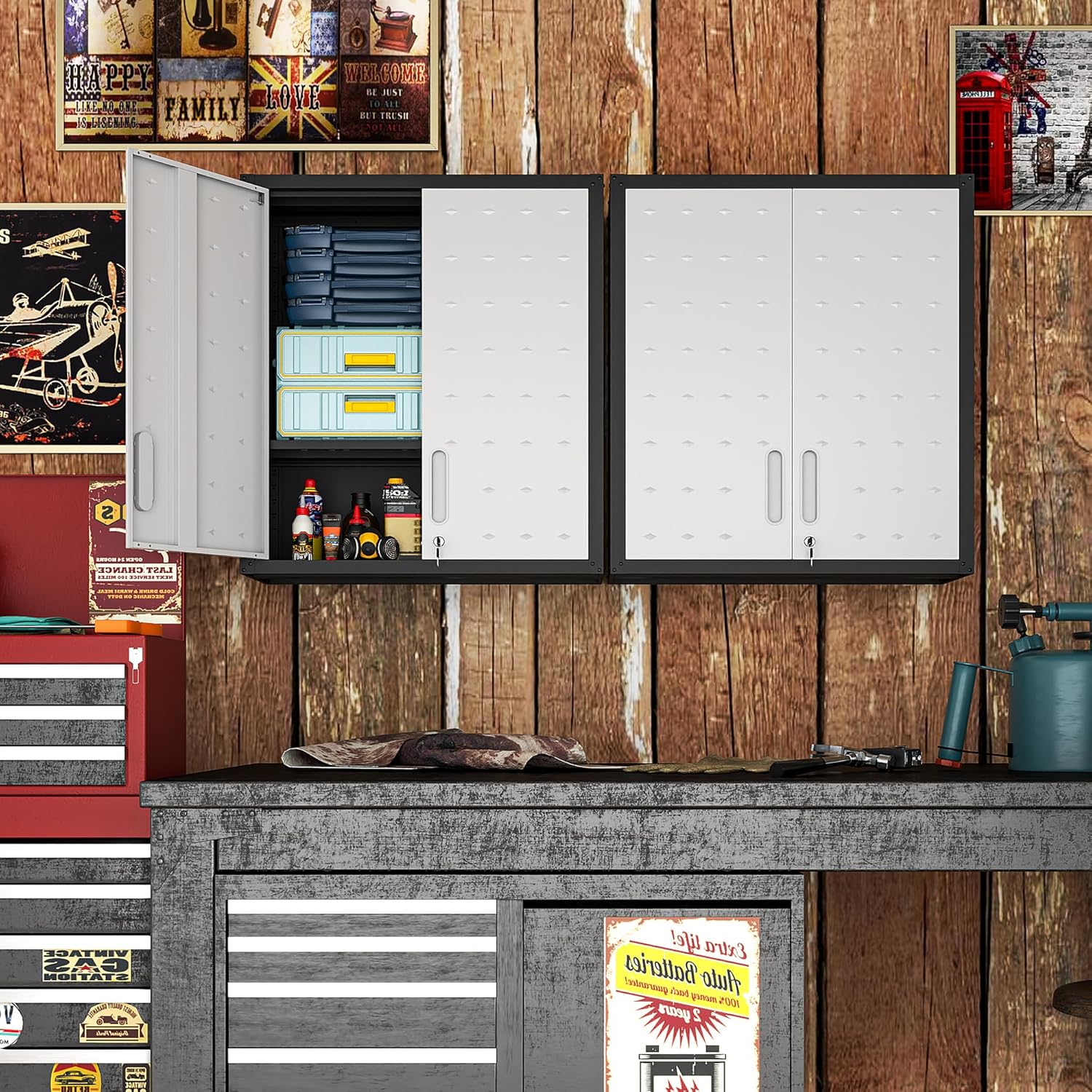 BIZOEIRON - clóset de almacenamiento de metal con ruedas, clóset de cochera con 1 puerta y 4 cajones, almacenamiento de herramientas rodantes, requiere montaje, color negro