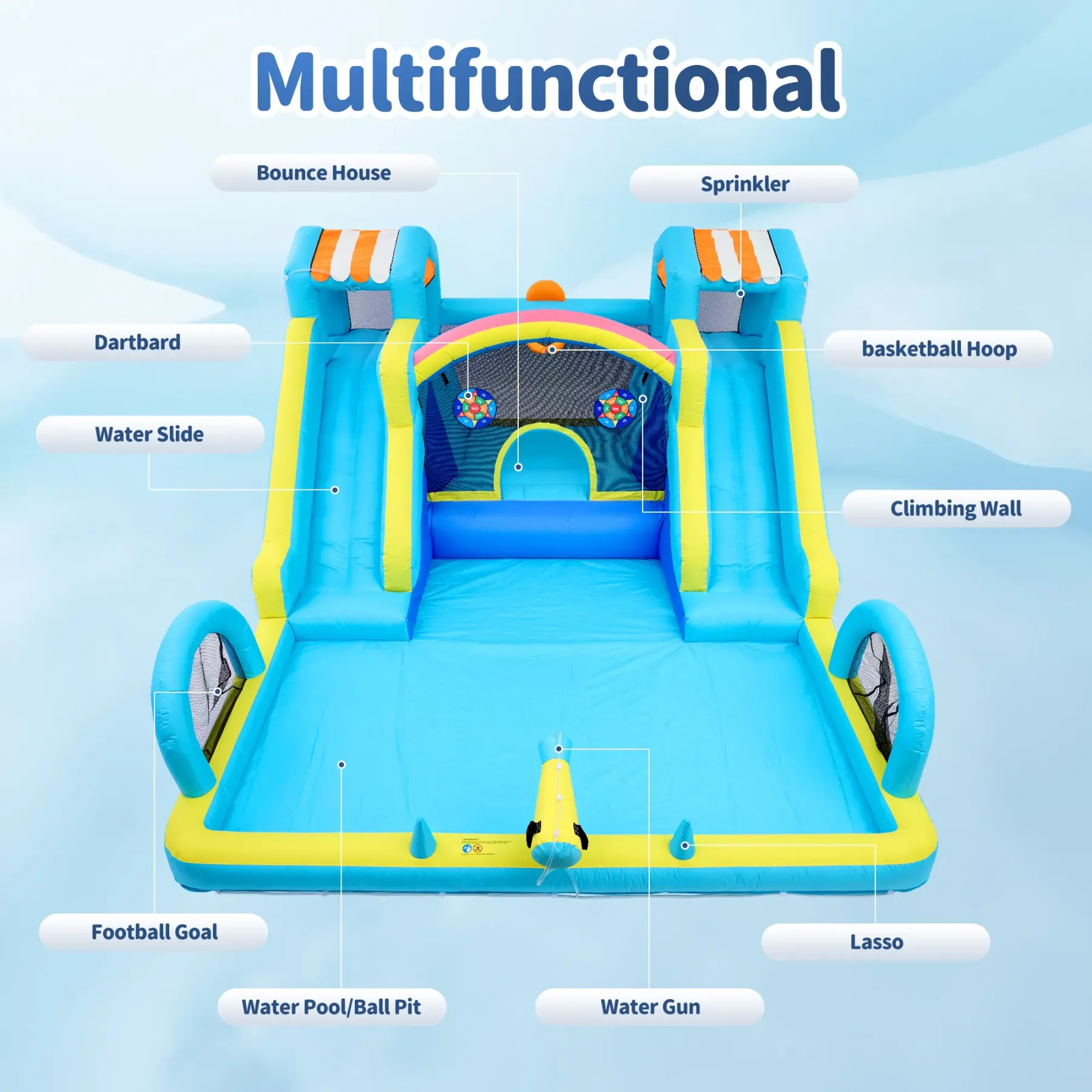 Tobogán acuático inflable con zona de saltos para niños: parque acuático y castillo hinchable de 15 x 12 pies para el jardín, con doble tobogán, piscina de chapoteo, canasta de baloncesto y soplador de alta resistencia; juguete de verano para exteriores.