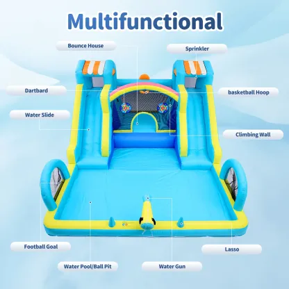 Tobogán acuático inflable con zona de saltos para niños: parque acuático y castillo hinchable de 15 x 12 pies para el jardín, con doble tobogán, piscina de chapoteo, canasta de baloncesto y soplador de alta resistencia; juguete de verano para exteriores.