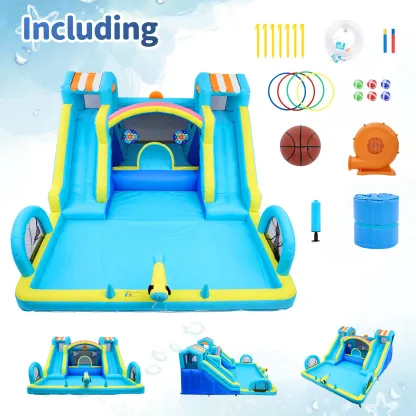 Tobogán acuático inflable con zona de saltos para niños: parque acuático y castillo hinchable de 15 x 12 pies para el jardín, con doble tobogán, piscina de chapoteo, canasta de baloncesto y soplador de alta resistencia; juguete de verano para exteriores.