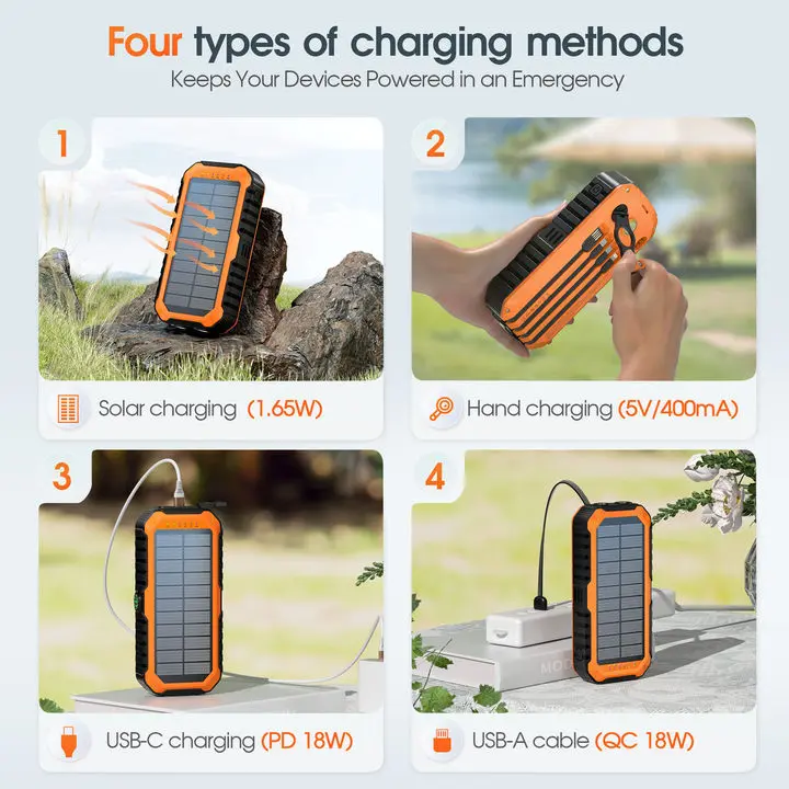 Batería externa Diamuar Solar Charger Power Bank de 40000 mAh con 4 cables y manivela integrados, cargador portátil de 22,5 W de carga rápida con 6 salidas y 4 entradas, linterna brillante y brújula.
