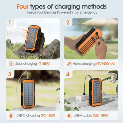 Batería externa Diamuar Solar Charger Power Bank de 40000 mAh con 4 cables y manivela integrados, cargador portátil de 22,5 W de carga rápida con 6 salidas y 4 entradas, linterna brillante y brújula.