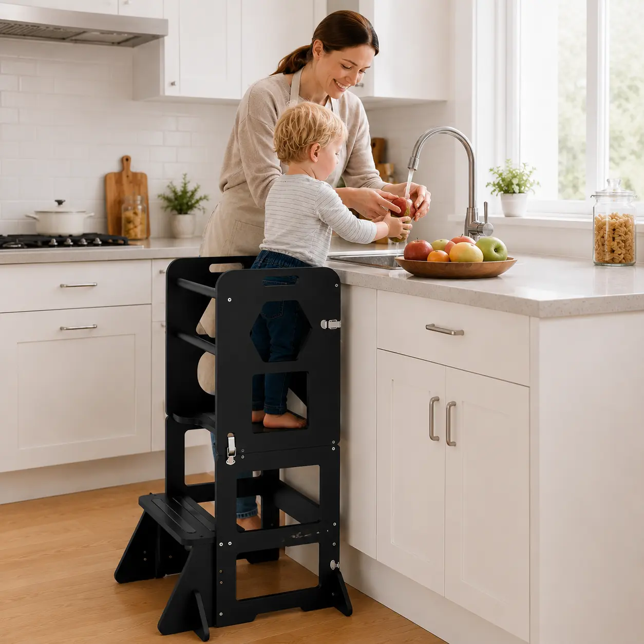Torre de aprendizaje plegable WOODURE 4 en 1 (taburete de cocina) con pizarra para niños de 1 a 3 años