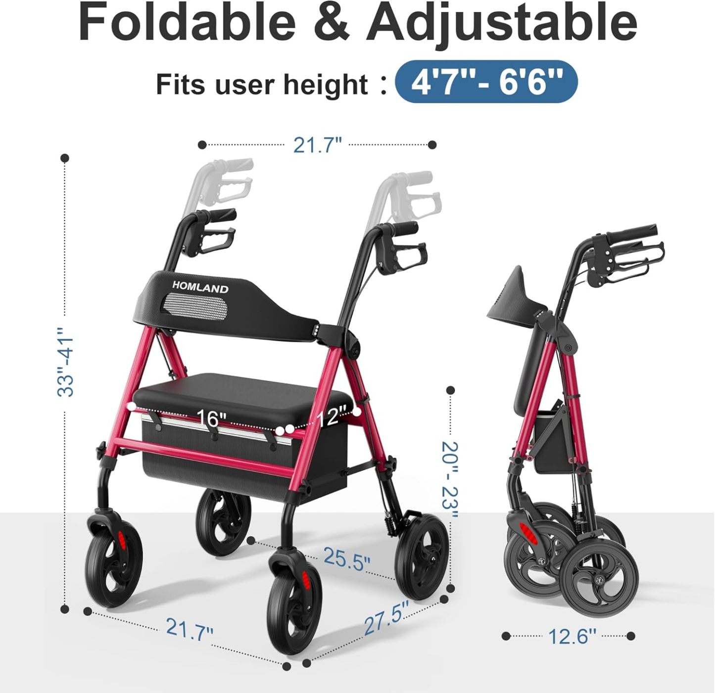 HOMLAND - Caminadores plegables con asiento para personas mayores, ruedas grandes de 8 pulgadas, 350 libras. Capacidad de peso, asas ajustables y altura del asiento, ligero caminante, color azul