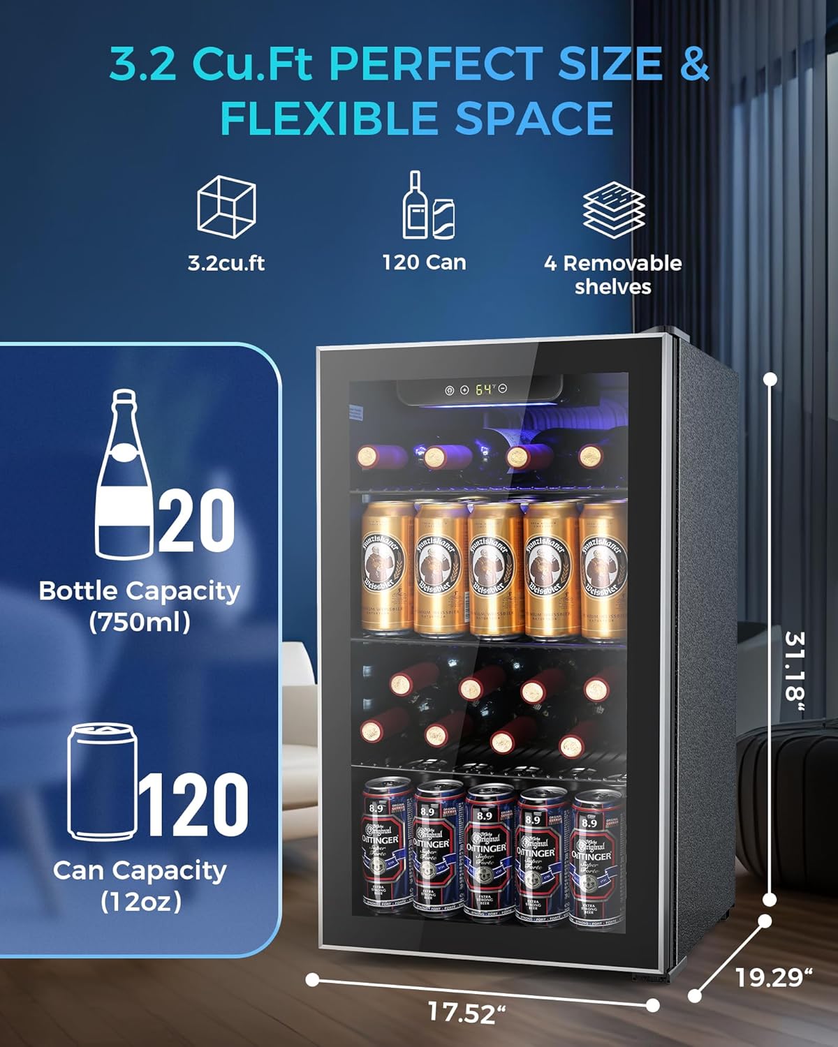 【Deals For You Days】COWSAR Beverage Refrigerator and Cooler, Mini Fridge 48-130 Can, Little Cooler with Digital Display 32~61℉, Small Refrigerator with 4 Shelves for Home Office, Bedroom, Garage, Game Room, 1.3-4.4 Cu.Ft