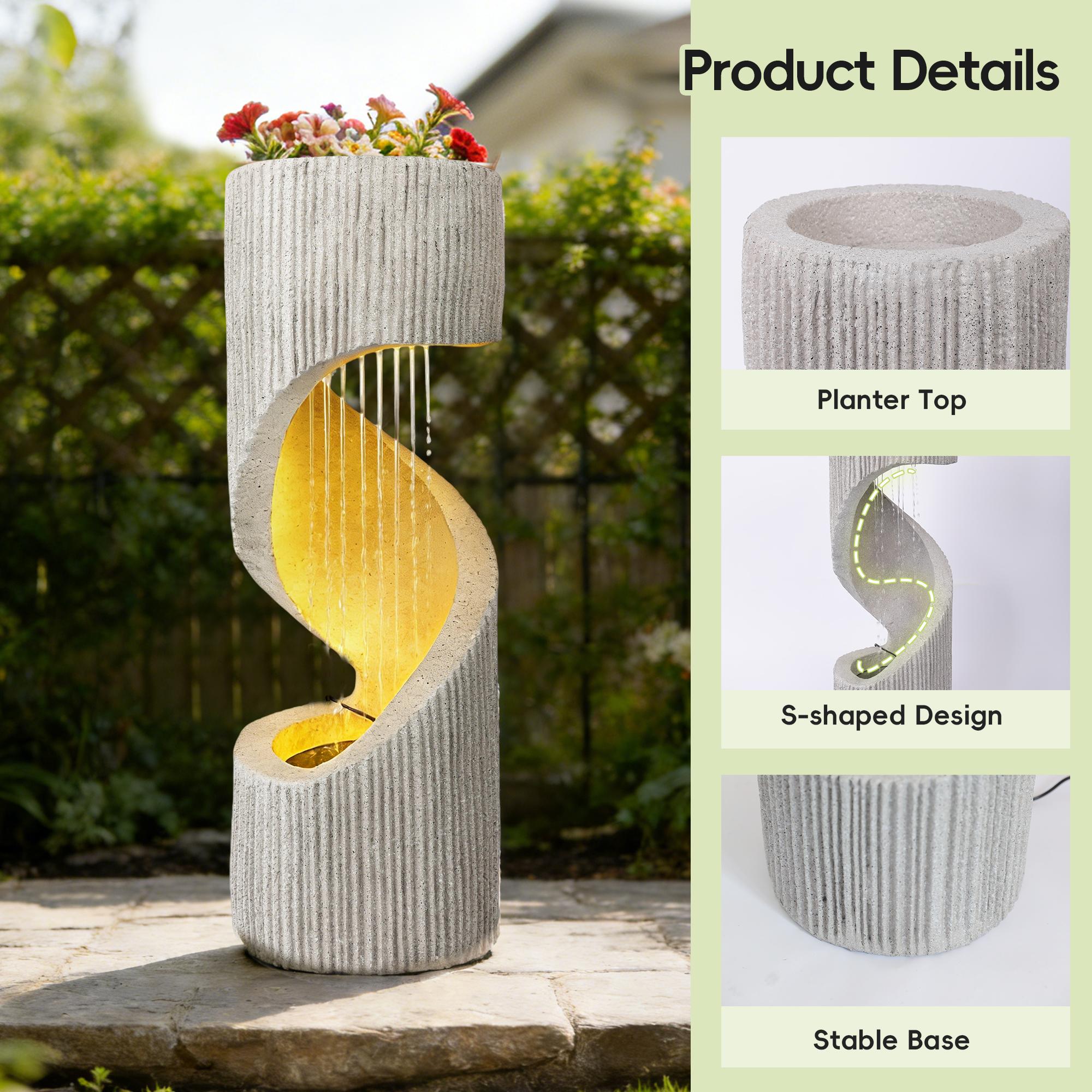 SOLVYA Modern Spiral Column Waterfall Fountain with LED for Garden Patio Decor
