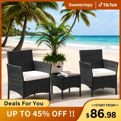 【Ofertas para ti】 Juego de muebles de patio de 3 o 4 piezas, muebles de exterior de ratán sintético (PE) con mesa de centro y cojines lavables; conjunto compacto tipo bistró ideal para balcones, jardines y zonas de piscina.