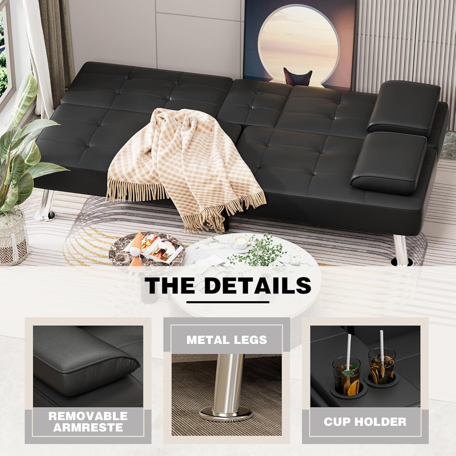 JUMMICO - Sofá cama plegable de piel sintética tapizada moderna y convertible con reposabrazos extraíbles, sofá reclinable ajustable con 2 portavasos para sala de estar (piel, café)