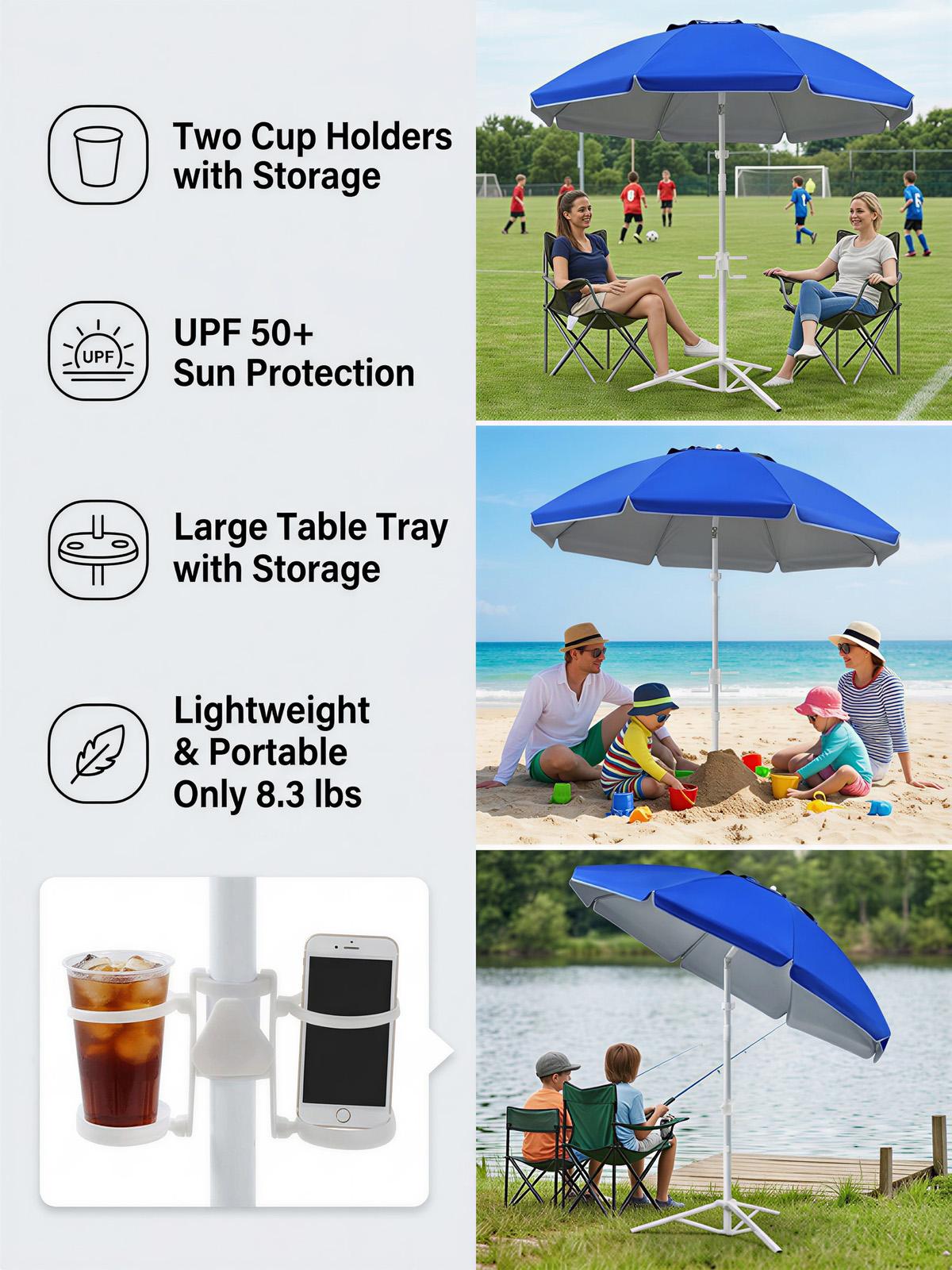 Portable Umbrella with Base Stand, UPF 50+ Outdoor Sun Shade Umbrella with Carry Bag, Built-in Hook & Cup Holders, Adjustable Instant Sun Protection for Game, Sports, Backyard, Patio, Camping, Beach, Fishing, Royal Blue, #Summervibes, #SummerFinds