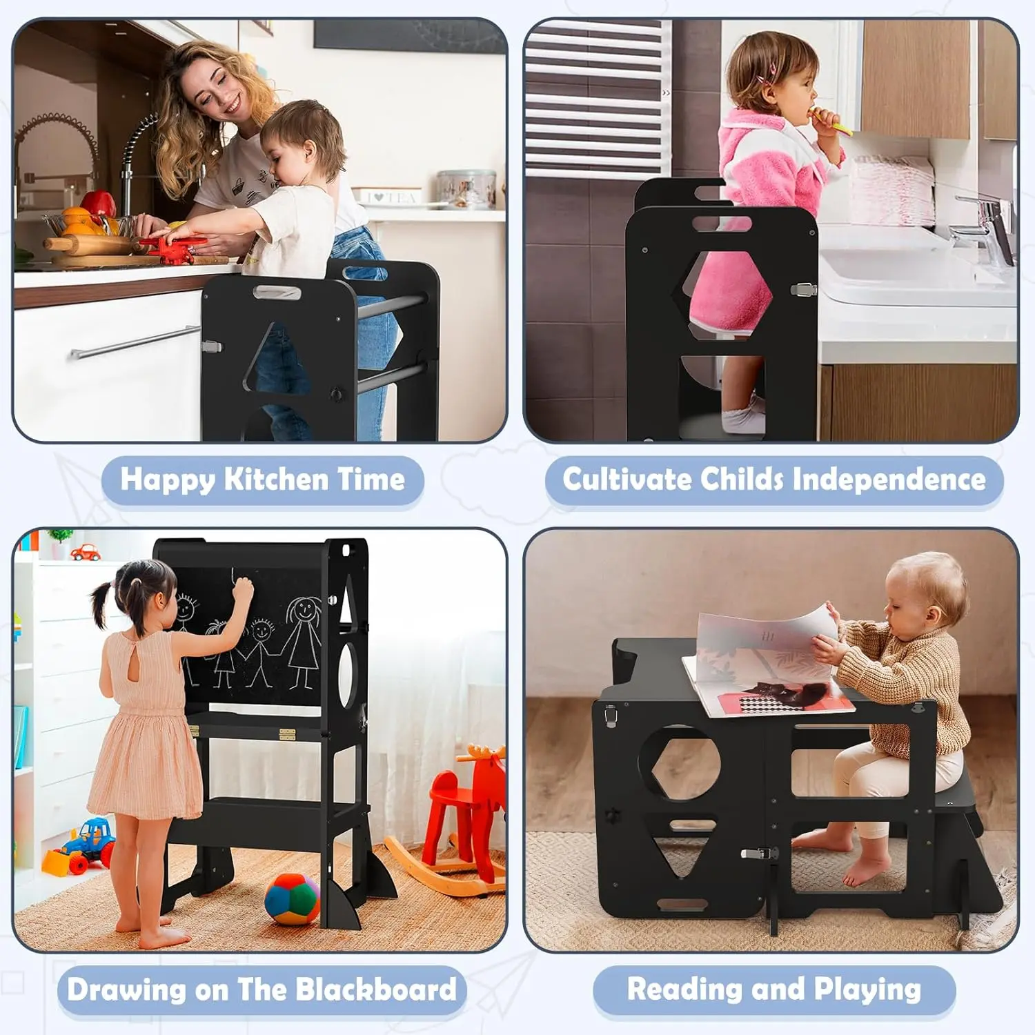 Torre de aprendizaje plegable WOODURE 4 en 1 (taburete de cocina) con pizarra para niños de 1 a 3 años