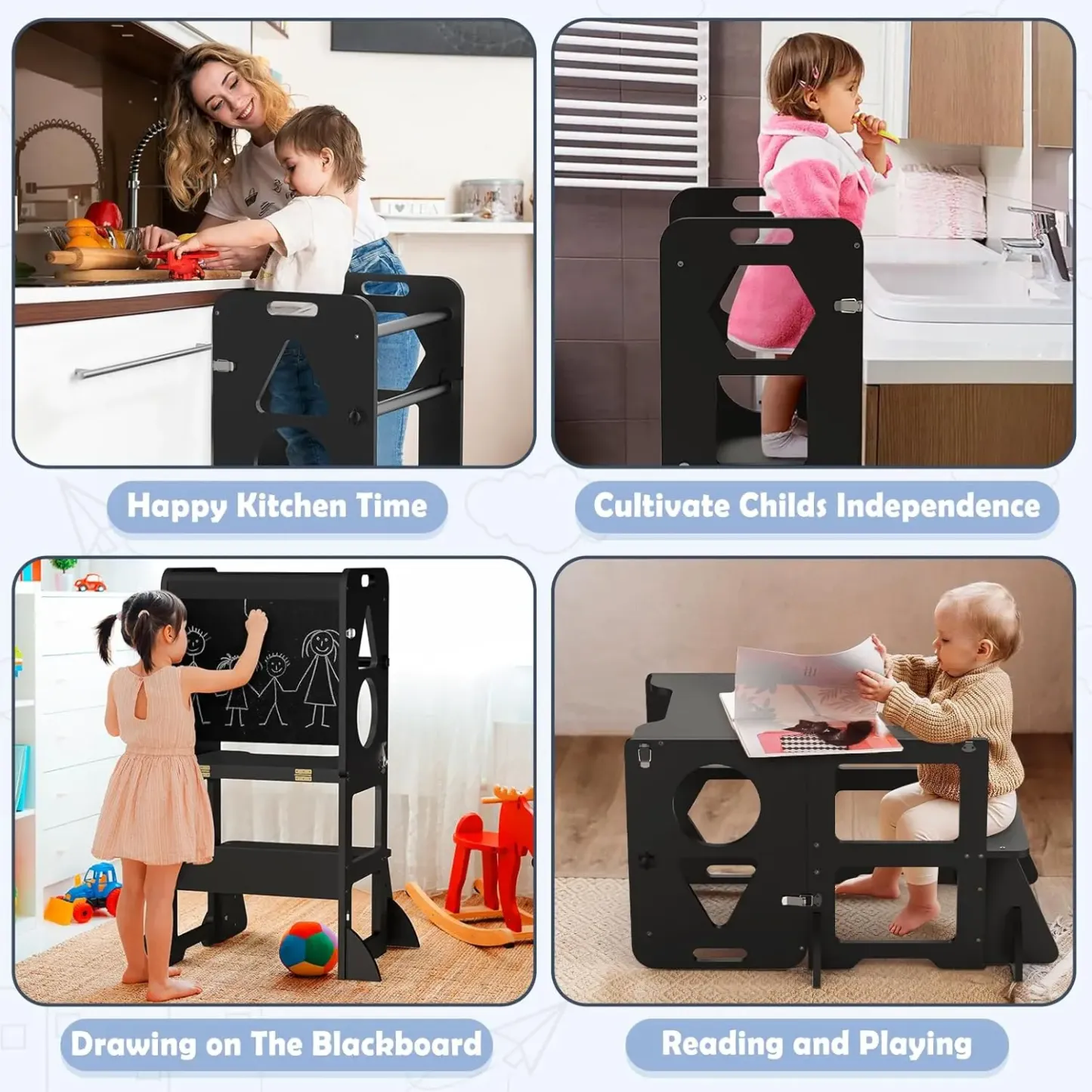 Torre de aprendizaje plegable WOODURE 4 en 1 (taburete de cocina) con pizarra para niños de 1 a 3 años