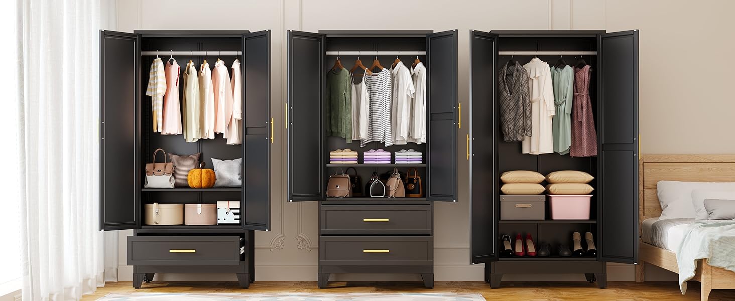 Metal Armoire Wardrobe Closet with 2 Drawers, 71" Wardrobe Cabinet with Adjustable Shelves and Hanging Rod, Clothing Storage Cabinet Closet with Mirror for Bedroom-White