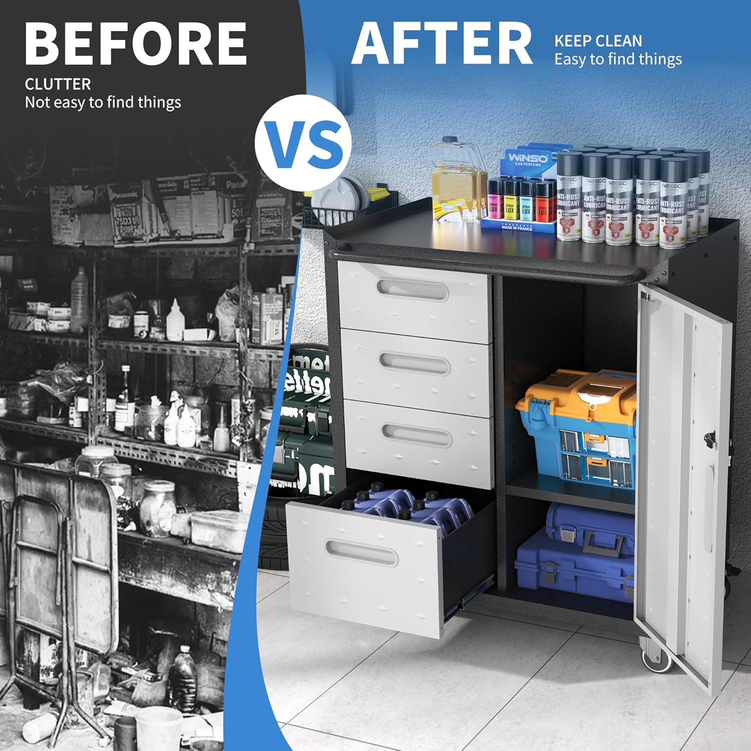 BIZOEIRON - clóset de almacenamiento de metal con ruedas, clóset de cochera con 1 puerta y 4 cajones, almacenamiento de herramientas rodantes, requiere montaje, color negro