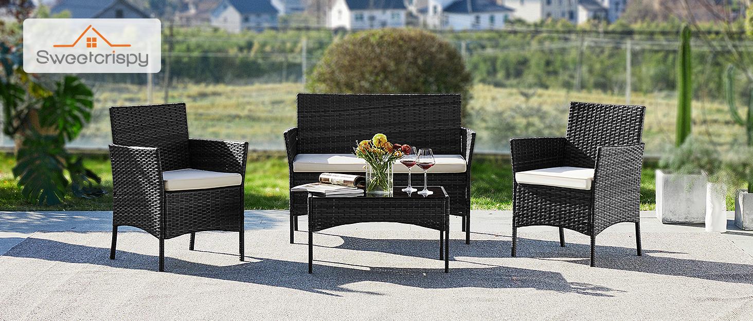【Deals for you】3-Piece/4-Piece Patio Furniture Set, Wicker Outdoor PE Rattan Furniture with Coffee Table & Washable Cushion, Compact Bistro Conversation Seating for Balcony, Garden, Poolside