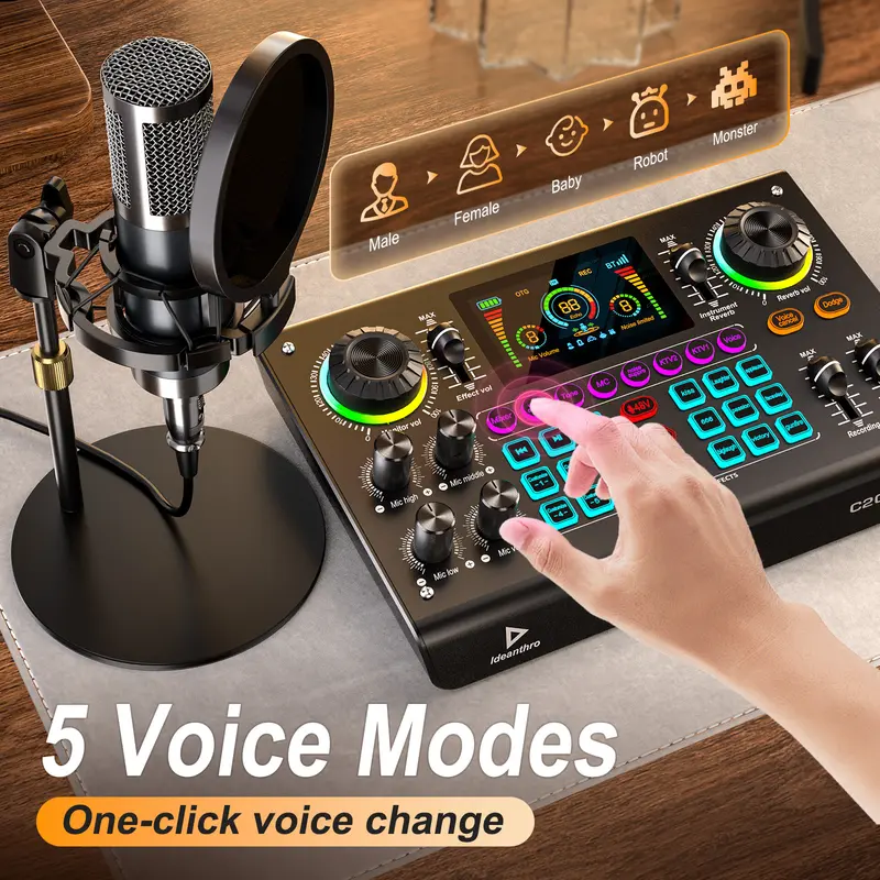 Kit de tarjeta de sonido Ideanthro C200 PRO-P15 | Procesador digital de señal (DSP) de doble núcleo | Mezclador de audio con conectividad para micrófono y auriculares | Cambiador de tono y voz ajustable | Equipo de streaming para PC y dispositivos móviles