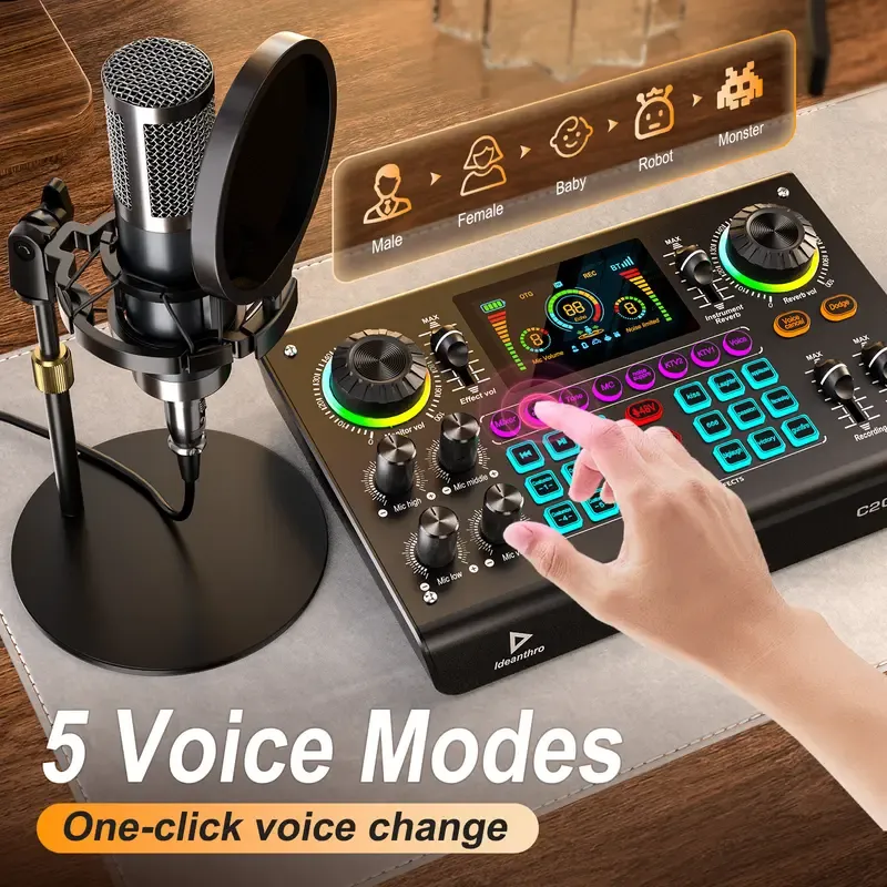 Kit de tarjeta de sonido Ideanthro C200 PRO-P15 | Procesador digital de señal (DSP) de doble núcleo | Mezclador de audio con conectividad para micrófono y auriculares | Cambiador de tono y voz ajustable | Equipo de streaming para PC y dispositivos móviles