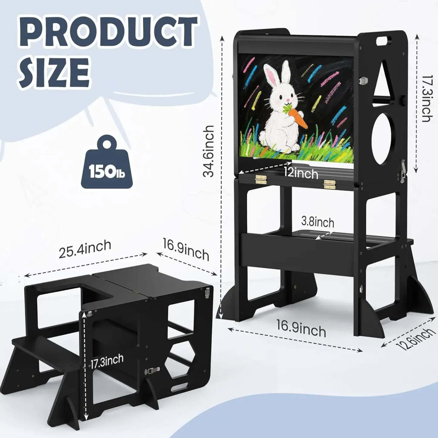 Torre de aprendizaje plegable WOODURE 4 en 1 (taburete de cocina) con pizarra para niños de 1 a 3 años