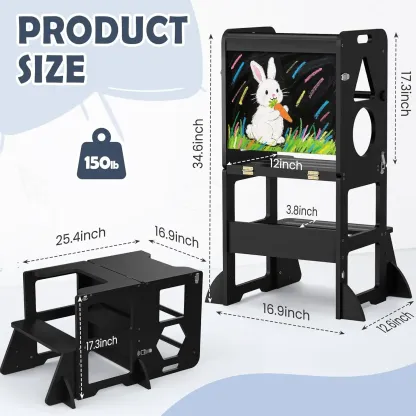 Torre de aprendizaje plegable WOODURE 4 en 1 (taburete de cocina) con pizarra para niños de 1 a 3 años