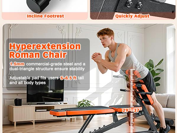 Bearbro Multi-Functional FID Weight Bench for Full All-in-One Body Workout &ndash; Hyper Back Extension, Roman Chair, Adjustable Ab Sit up Bench, Incline Decline Bench, Flat Bench,Support up to 1000lbs，Suitable for home workouts，outdoorfun