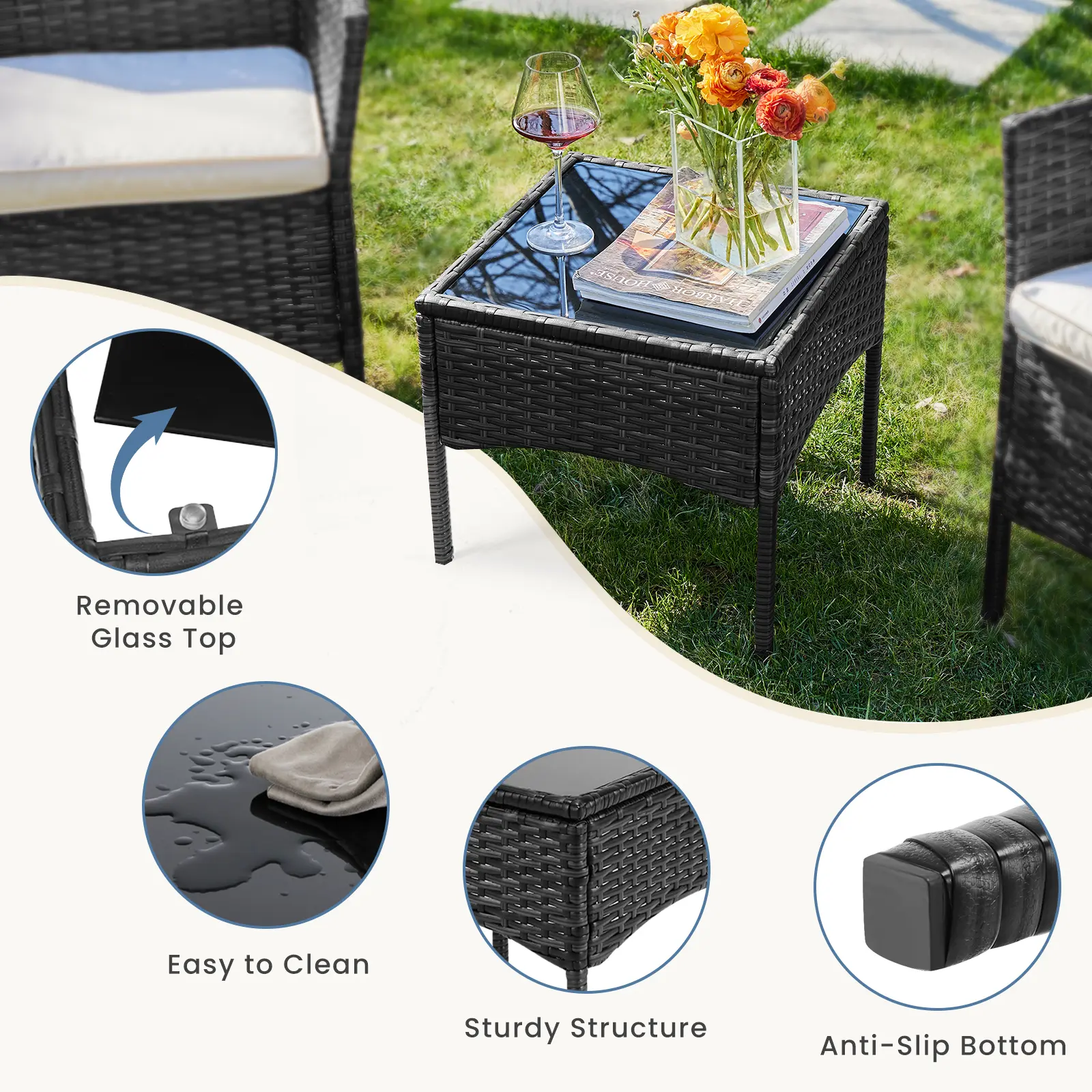 【Ofertas para ti】 Juego de muebles de patio de 3 o 4 piezas, muebles de exterior de ratán sintético (PE) con mesa de centro y cojines lavables; conjunto compacto tipo bistró ideal para balcones, jardines y zonas de piscina.
