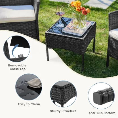 【Ofertas para ti】 Juego de muebles de patio de 3 o 4 piezas, muebles de exterior de ratán sintético (PE) con mesa de centro y cojines lavables; conjunto compacto tipo bistró ideal para balcones, jardines y zonas de piscina.