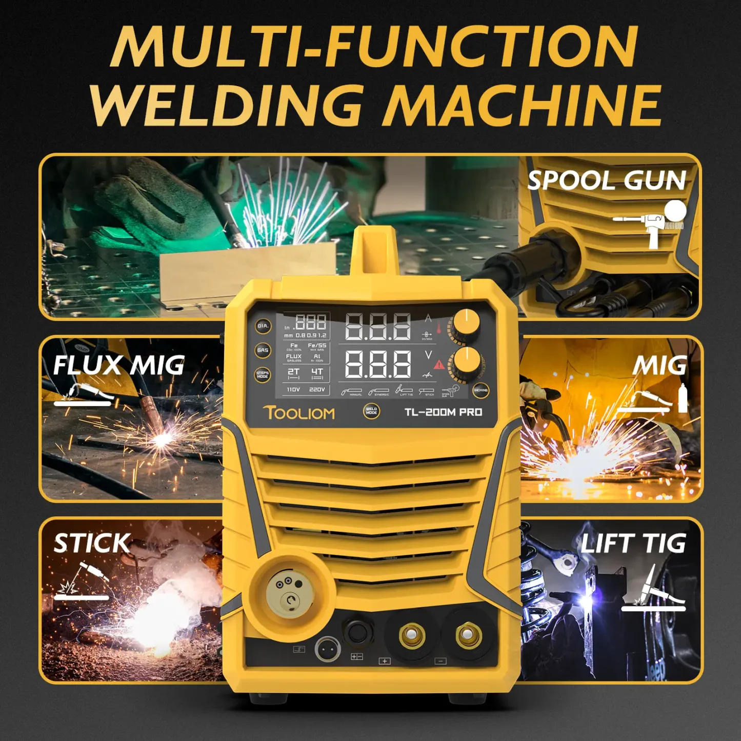 [fathersdaygift] TOOLIOM 200A Aluminum MIG Welder, 5-in-1 MIG/Flux MIG/Lift TIG/Stick/Spool Gun, 110/220V Dual Voltage Multifunctional Welding Machine