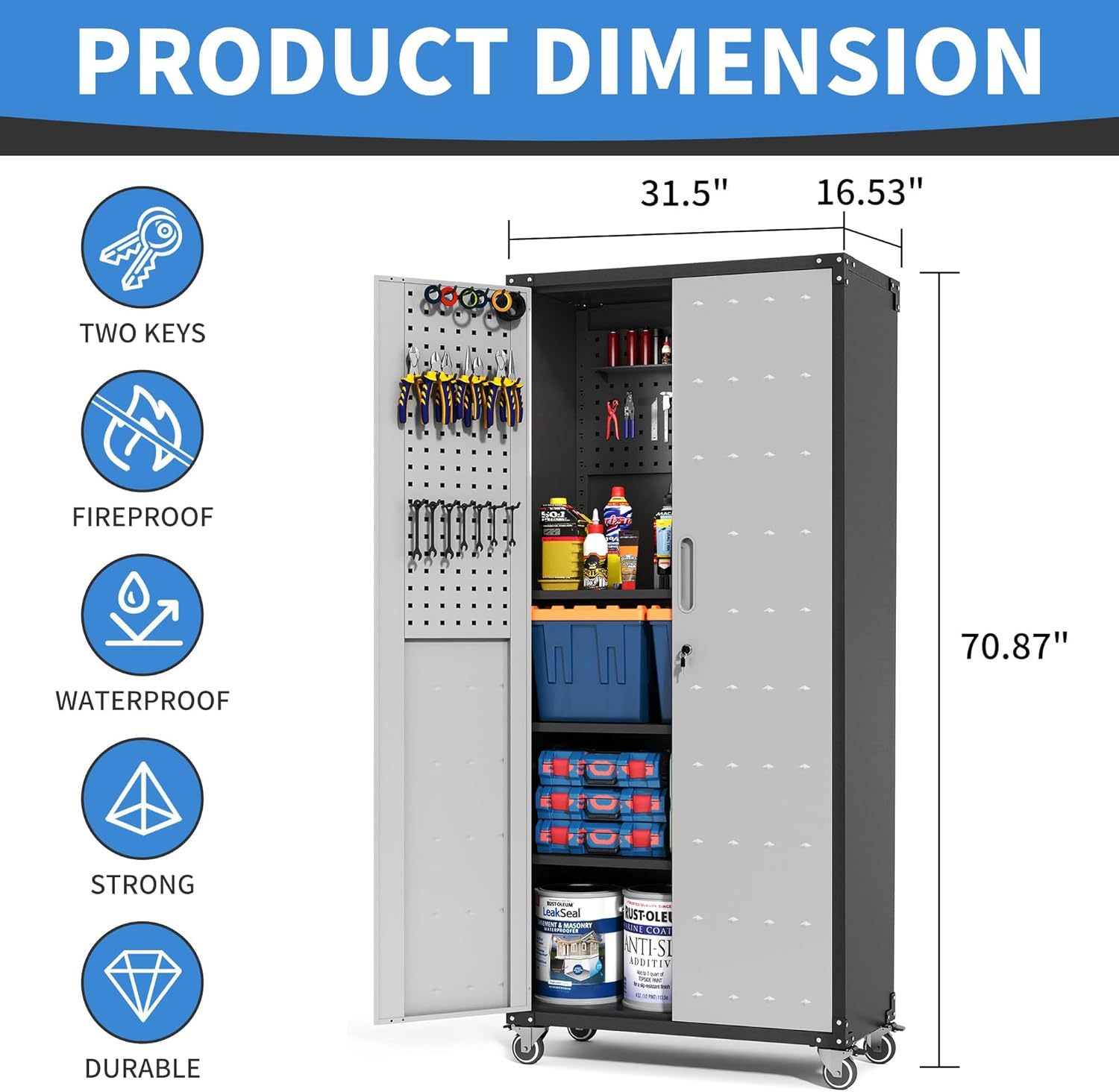 BIZOEIRON - clóset de almacenamiento de metal con ruedas, clóset de cochera con 1 puerta y 4 cajones, almacenamiento de herramientas rodantes, requiere montaje, color negro