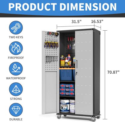 BIZOEIRON - clóset de almacenamiento de metal con ruedas, clóset de cochera con 1 puerta y 4 cajones, almacenamiento de herramientas rodantes, requiere montaje, color negro