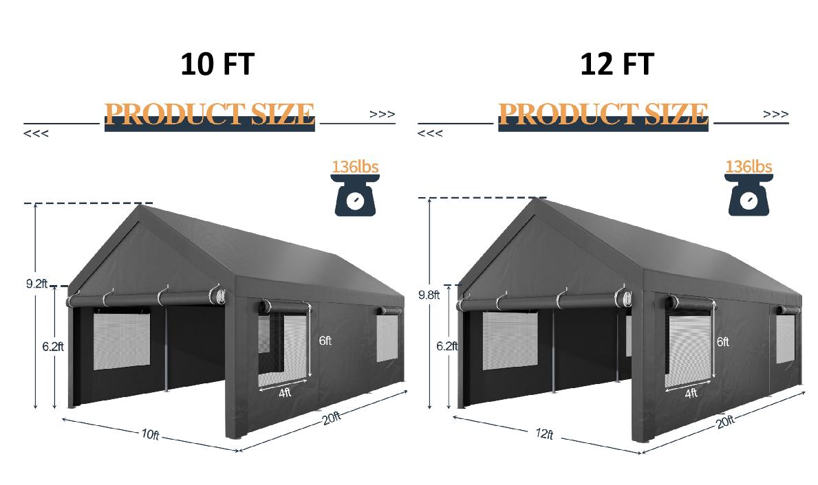 Walsunny Carport 12x20ft Outdoor Car Canopy Portable Garage, Heavy Duty Shed Tent Gazebo Port with Roll-up Ventilated Windows & Removable Sidewalls Shelter Storage Vehicle Party Moisture Prevention for Camp, Farm, Tool, Grey, Khaki, White,Durable Pvc