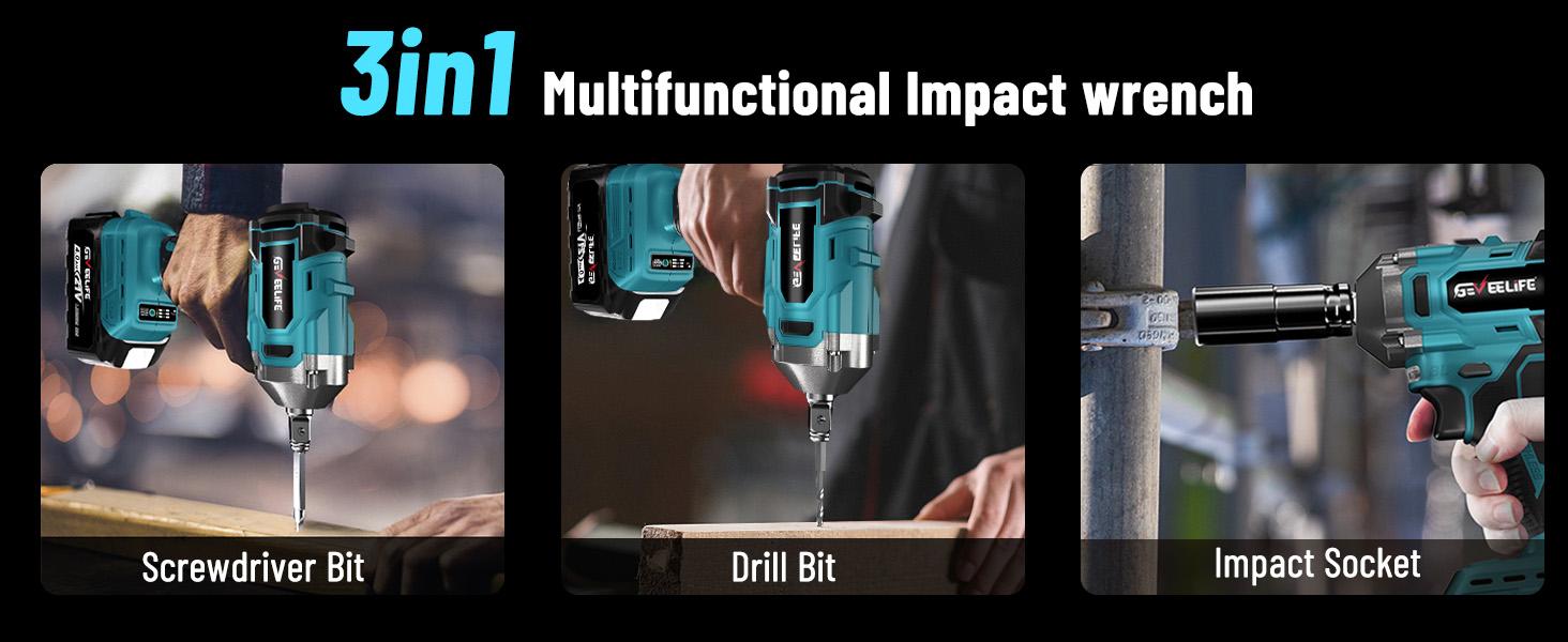 3-In-1 High Torque Impact Gun,450N.m/332Ft-lbs Brushless Cordless Impact Wrench,1/2" Cordless Impact Gun with 4.0Ah Battery & 4 Sockets, Electric Impact Driver for Car/DIY Furniture/Automotive，
