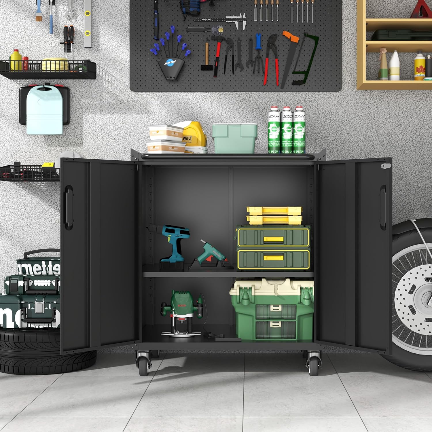 BIZOEIRON - clóset de almacenamiento de metal con ruedas, clóset de cochera con 1 puerta y 4 cajones, almacenamiento de herramientas rodantes, requiere montaje, color negro