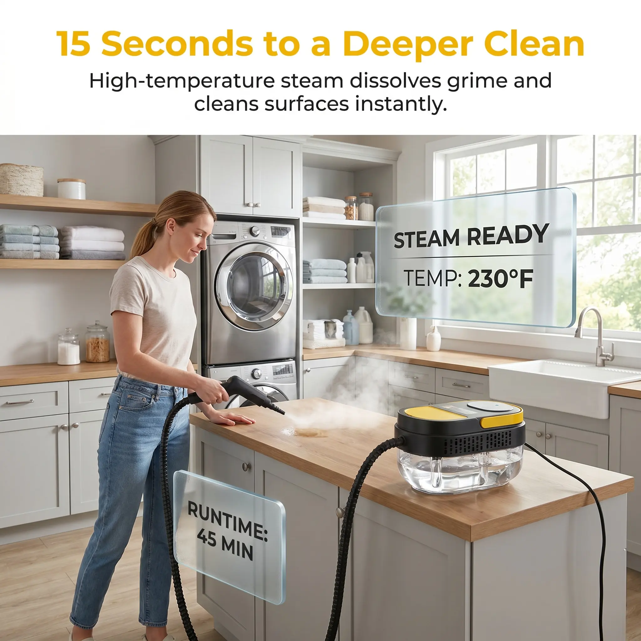 Limpiador a vapor multiusos con mango ajustable de 3 niveles, sistema de calentamiento rápido, depósito de agua grande de 1,7 litros, limpiador a vapor portátil con kit de accesorios de 15 piezas para suelos, azulejos, juntas, cocina, baño, interior del c