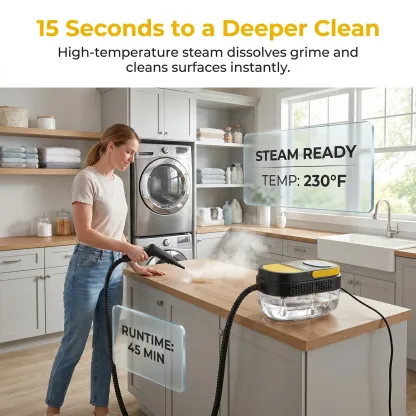 Limpiador a vapor multiusos con mango ajustable de 3 niveles, sistema de calentamiento rápido, depósito de agua grande de 1,7 litros, limpiador a vapor portátil con kit de accesorios de 15 piezas para suelos, azulejos, juntas, cocina, baño, interior del c