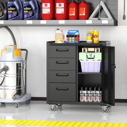 BIZOEIRON - clóset de almacenamiento de metal con ruedas, clóset de cochera con 1 puerta y 4 cajones, almacenamiento de herramientas rodantes, requiere montaje, color negro