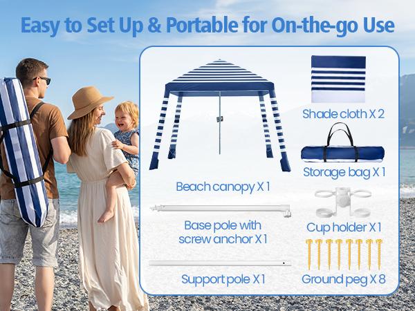 Beach Cabana, 8 * 8FT Beach Tent UPF50+ Protection, Easy Setup Beach Canopy Wind Resistant ,Compact Beach Shade Foldable Beach Tent Sun Shelter, Blue White，For Vacations,Summer Outdoor Beach Camping, Family&Friends