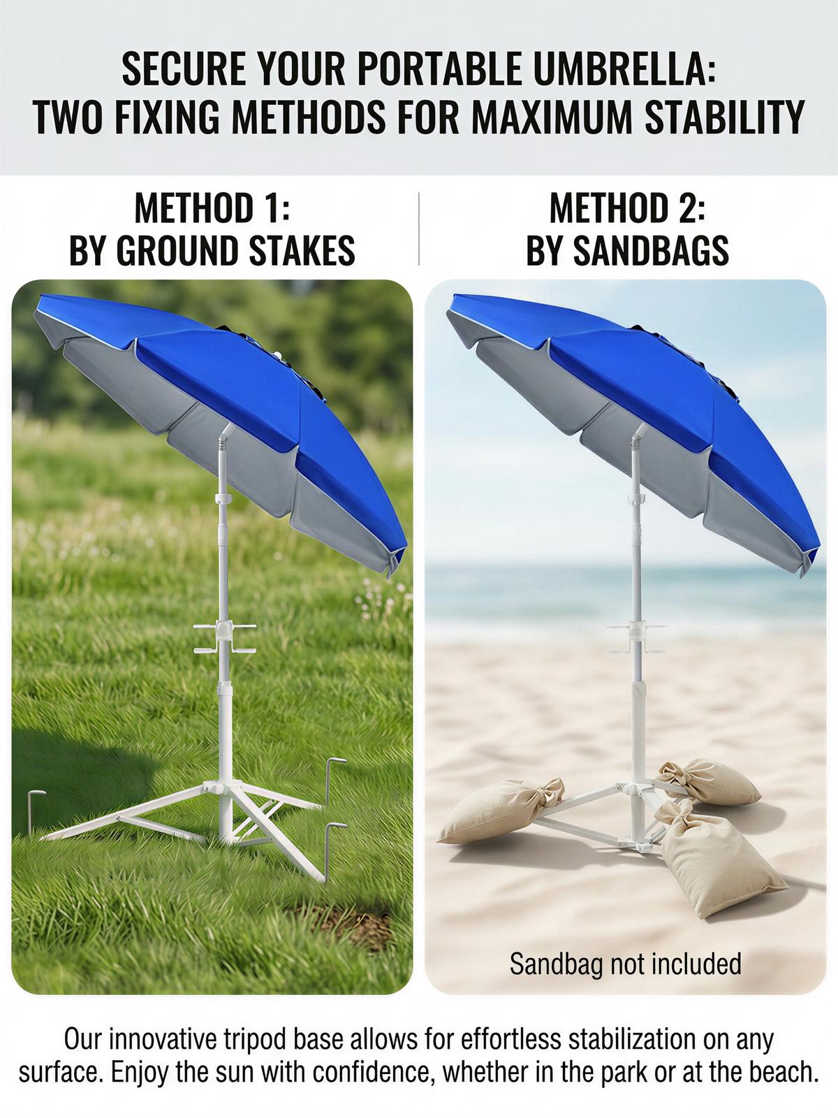 Portable Umbrella with Base Stand, UPF 50+ Outdoor Sun Shade Umbrella with Carry Bag, Built-in Hook & Cup Holders, Adjustable Instant Sun Protection for Game, Sports, Backyard, Patio, Camping, Beach, Fishing, Royal Blue, #Summervibes, #SummerFinds