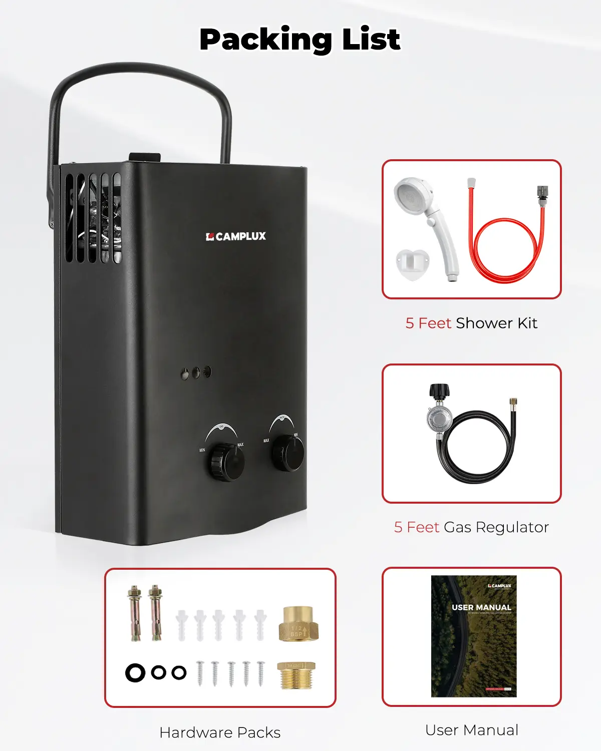 CAMPLUX Multifunction Compact Handheld Portable Tankless Water Heater - 1.32GPM On-Demand Hot Water, Low Pressure Start for Camping Shower, Outdoor RV Use