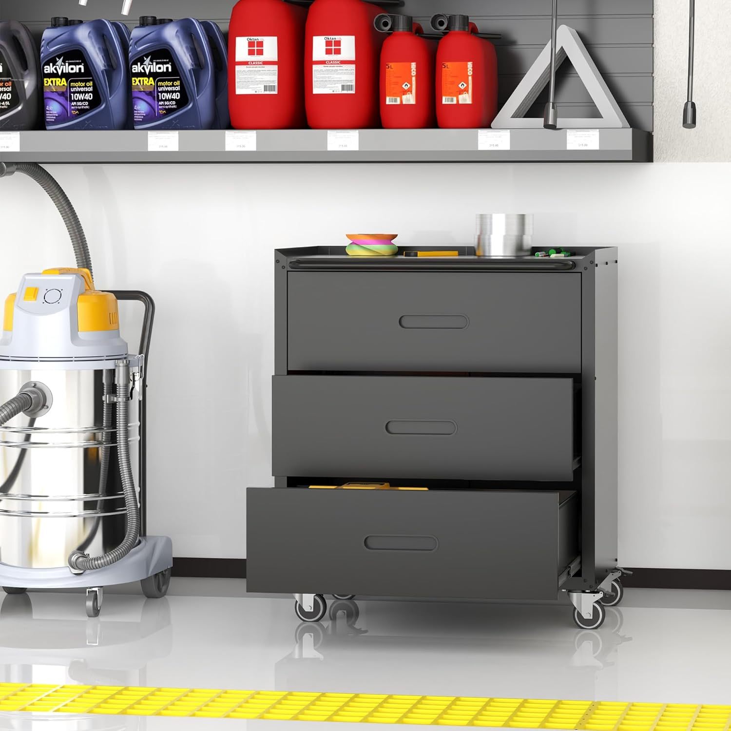 BIZOEIRON - clóset de almacenamiento de metal con ruedas, clóset de cochera con 1 puerta y 4 cajones, almacenamiento de herramientas rodantes, requiere montaje, color negro