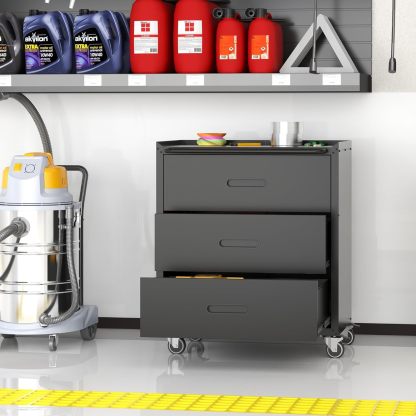 BIZOEIRON - clóset de almacenamiento de metal con ruedas, clóset de cochera con 1 puerta y 4 cajones, almacenamiento de herramientas rodantes, requiere montaje, color negro