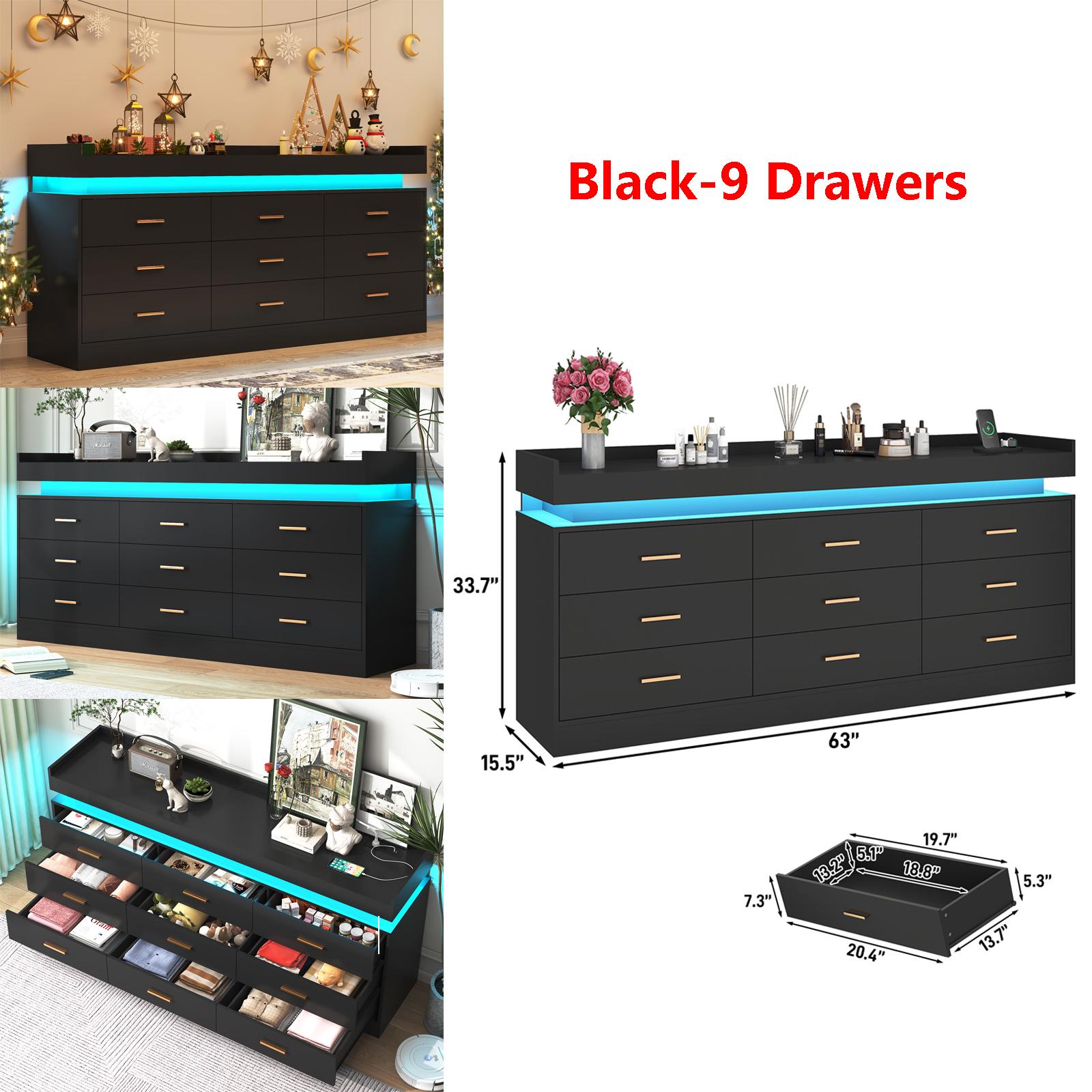 Dresser with LED Light and Charging Station, Modern Chest of Drawers for Closet, Wide Drawer Organizer Cabinet for Bedroom, Living Room, Entryway, Hallway