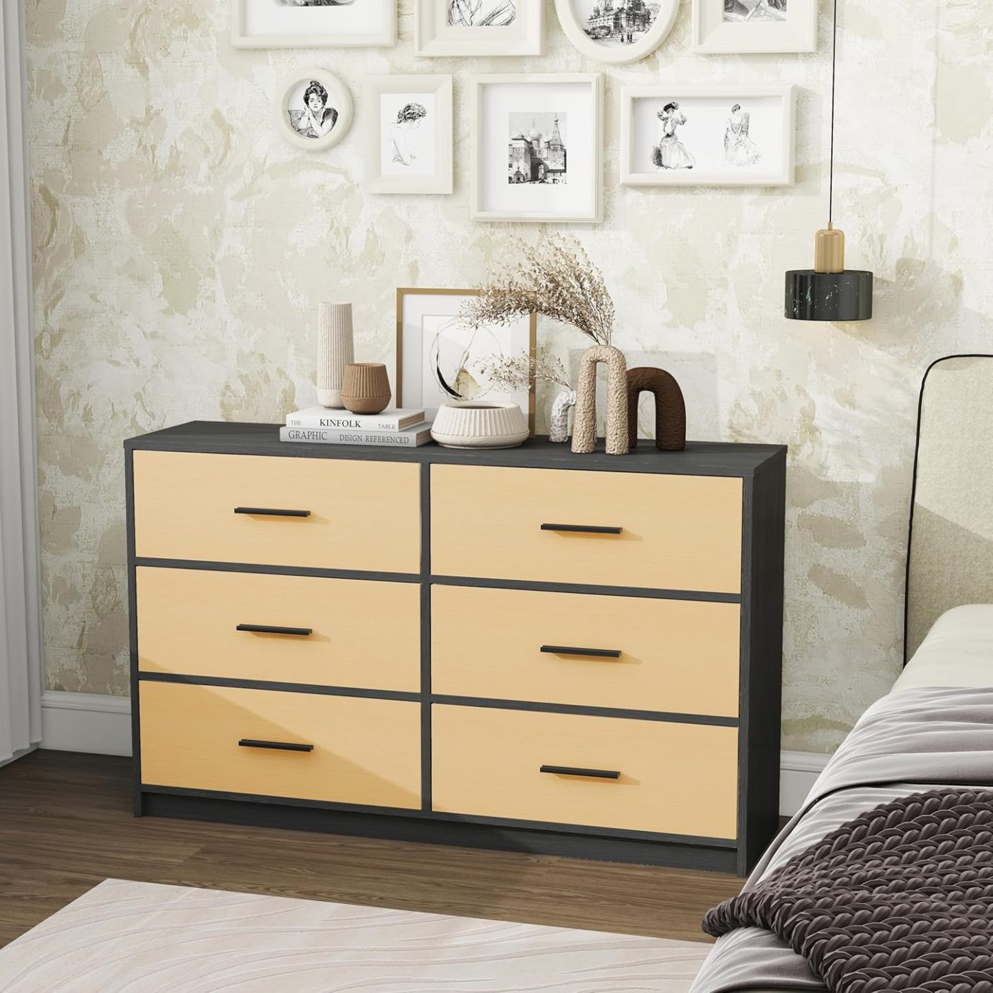 MU:4LIFE Cómoda Elegancia De 6 Cajones, Almacenamiento para Hogar Y Oficina, Organizador Cajonera De Estructura Madera y Cajones De Tela No Tejida y Cubiertas De MDF (Negro y Madera, 6 Cajones)